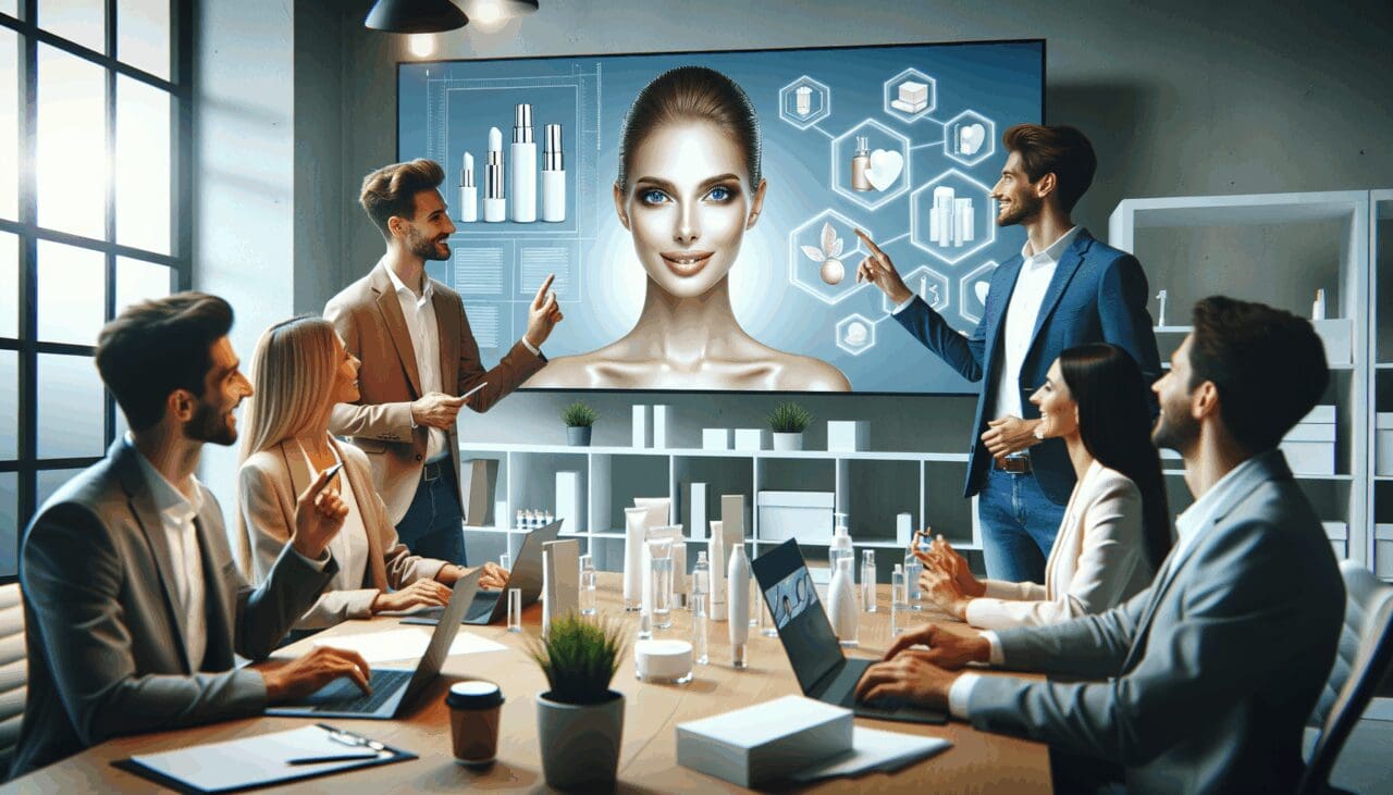 Emprendedores en un espacio moderno trabajando en proyectos tecnológicos enfocados en belleza y cosmética.