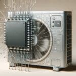 Primer plano de un equipo de aire acondicionado moderno junto a chips tecnológicos sobre fondo neutro.