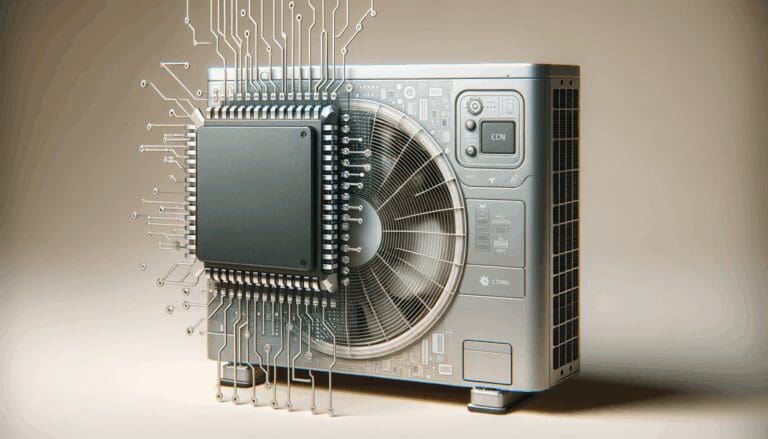 Primer plano de un equipo de aire acondicionado moderno junto a chips tecnológicos sobre fondo neutro.