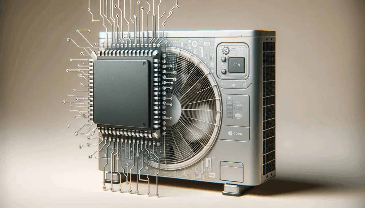 Primer plano de un equipo de aire acondicionado moderno junto a chips tecnológicos sobre fondo neutro.