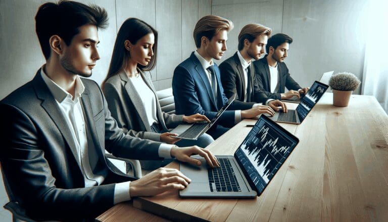 Personas jóvenes trabajando con computadoras portátiles y gráficos digitales de criptomonedas en una oficina moderna.