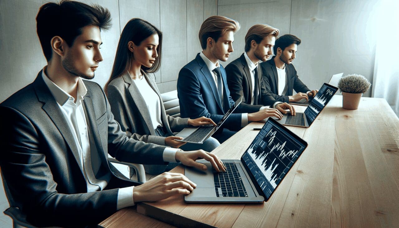 Personas jóvenes trabajando con computadoras portátiles y gráficos digitales de criptomonedas en una oficina moderna.