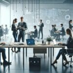 Mesa de trabajo tecnológica con laptops y dispositivos móviles, empleados colaborando en ambiente moderno.