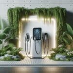 Cargador de vehículos eléctricos moderno rodeado de vegetación, ambiente urbano limpio, enfoque tecnológico.
