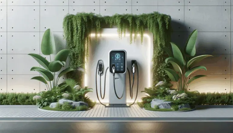 Cargador de vehículos eléctricos moderno rodeado de vegetación, ambiente urbano limpio, enfoque tecnológico.