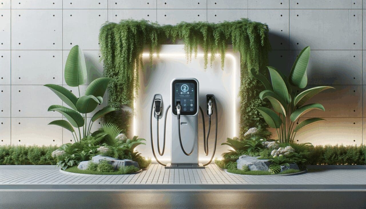 Cargador de vehículos eléctricos moderno rodeado de vegetación, ambiente urbano limpio, enfoque tecnológico.