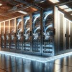 Primer plano de servidores tecnológicos y cables lumínicos en un centro de datos moderno.