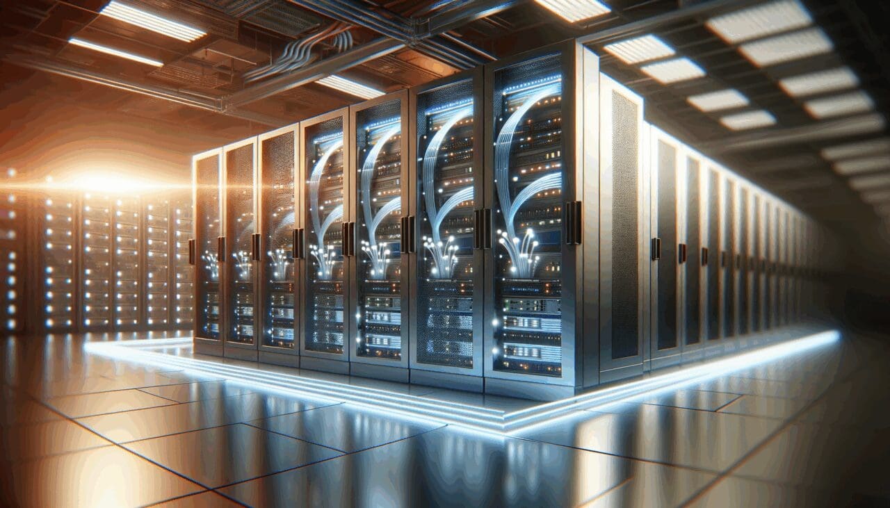 Primer plano de servidores tecnológicos y cables lumínicos en un centro de datos moderno.