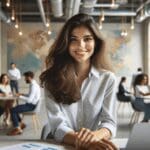 Retrato de una joven profesional colaborando en un espacio de coworking moderno con ambiente multicultural.