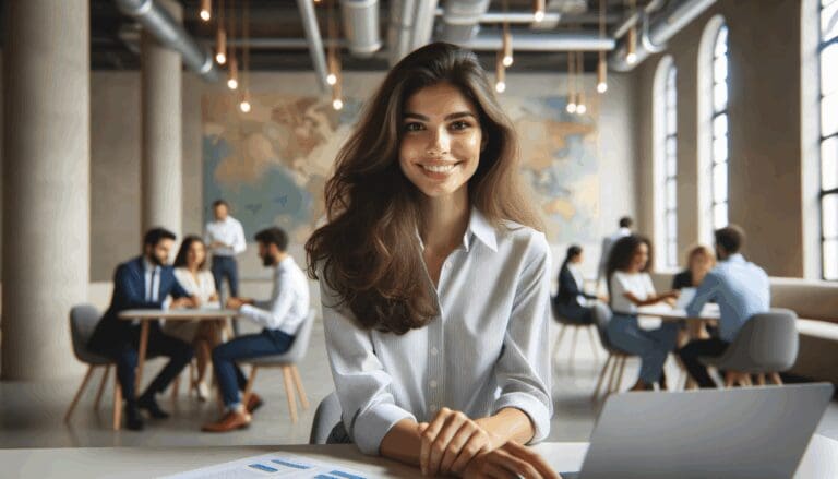 Retrato de una joven profesional colaborando en un espacio de coworking moderno con ambiente multicultural.