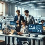 Emprendedores colaborando en un moderno laboratorio tecnológico, rodeados de computadoras y equipamiento científico.