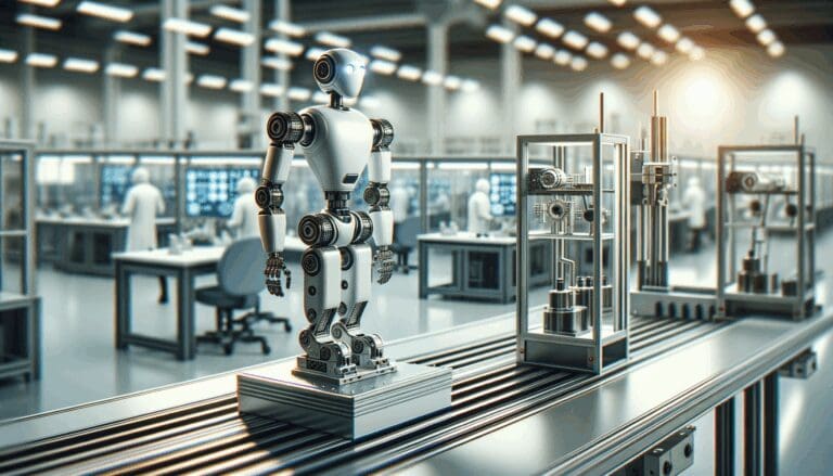 Primer plano de un robot industrial en una línea de ensamblaje de tecnología avanzada, fondo desenfocado de laboratorio moderno.