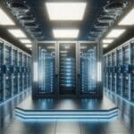 Centro de datos moderno con servidores y luces LED, ambiente tecnológico futurista.