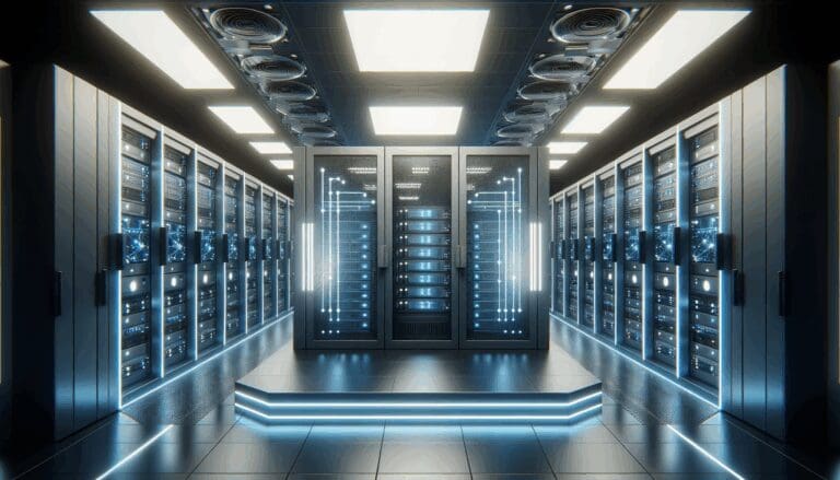 Centro de datos moderno con servidores y luces LED, ambiente tecnológico futurista.