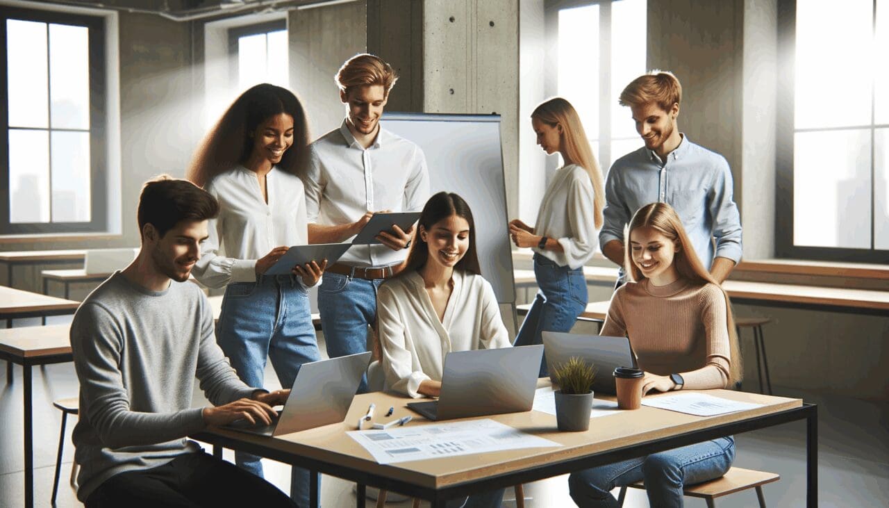 Jóvenes profesionales colaborando en una oficina moderna de coworking, laptops y pizarras en un entorno tecnológico.