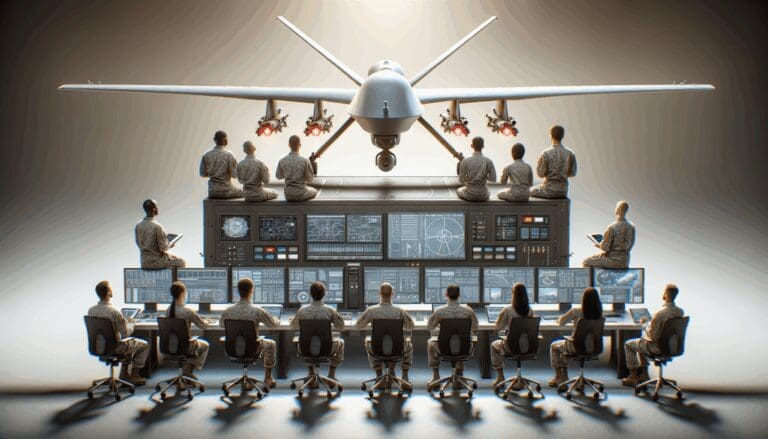 Drones militares sobre una mesa de trabajo tecnológica con ingenieros observando pantallas.