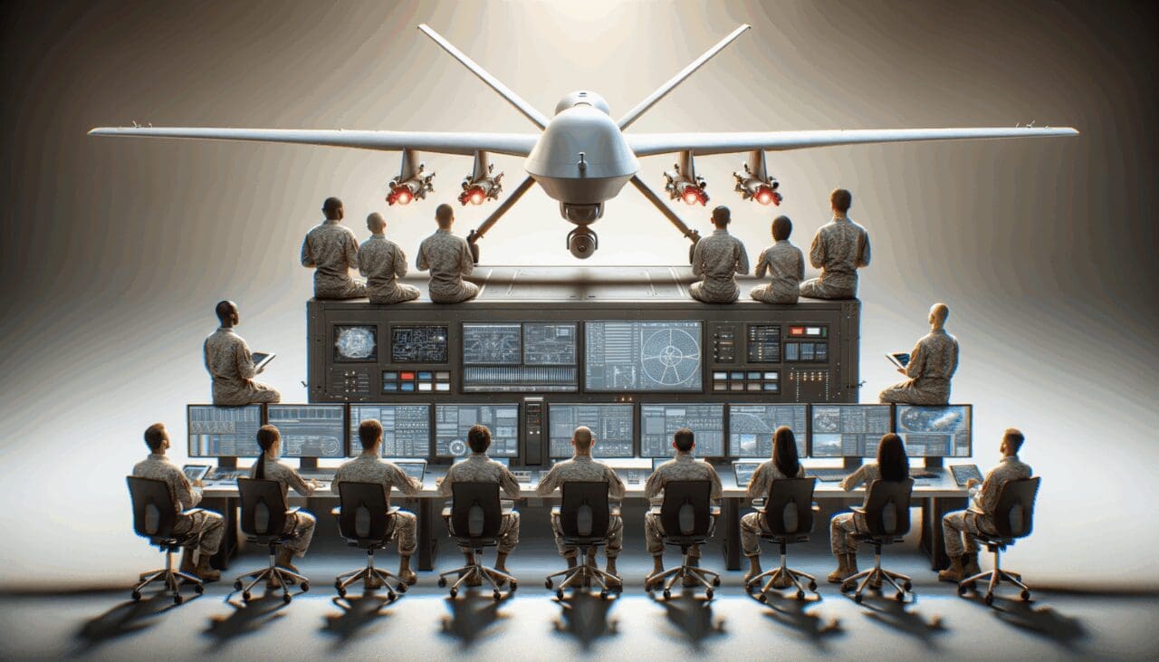 Drones militares sobre una mesa de trabajo tecnológica con ingenieros observando pantallas.