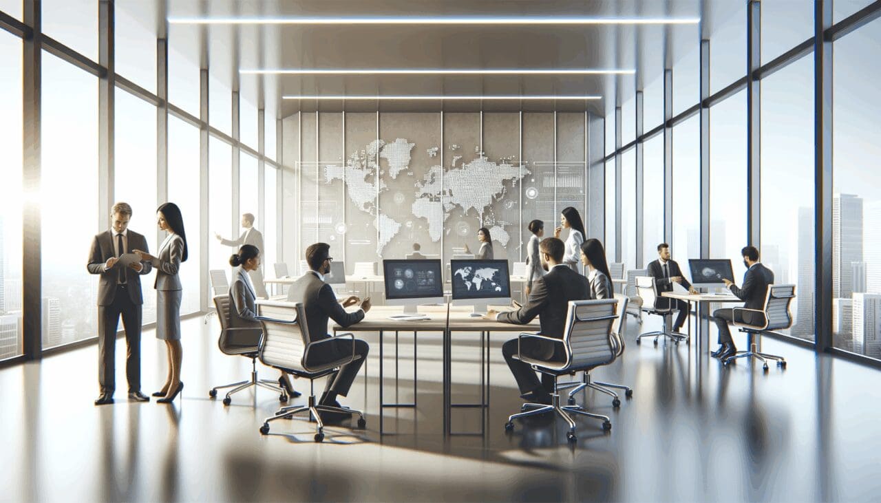 Oficinas modernas con equipos internacionales colaborando en tecnología.