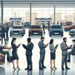 Coches de ocasión alineados en un concesionario, con personas usando tablets y móviles para revisar información del vehículo.
