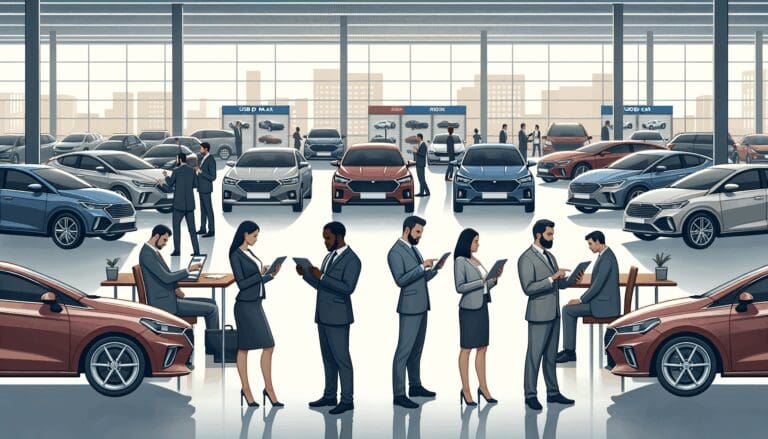 Coches de ocasión alineados en un concesionario, con personas usando tablets y móviles para revisar información del vehículo.