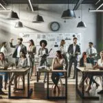 Grupo diverso de emprendedores colaborando en una sala moderna con pizarras y laptops.