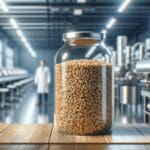 Primer plano de residuos de grano de cerveza reciclados en un laboratorio moderno, fondo difuminado.