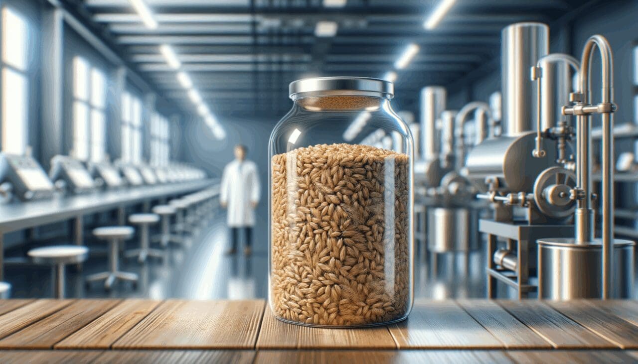 Primer plano de residuos de grano de cerveza reciclados en un laboratorio moderno, fondo difuminado.