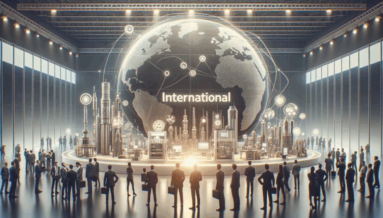 Startups internacionales mostrando prototipos tecnológicos en una feria industrial moderna.