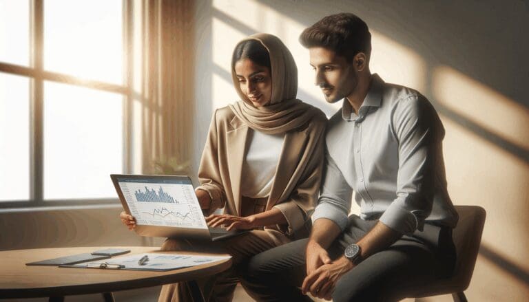Dos emprendedores reunidos en una oficina luminosa, revisando gráficos de inversión en computadora portátil.
