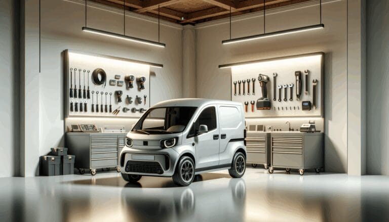 Fotografía en un taller moderno con una camioneta eléctrica compacta en primer plano y herramientas tecnológicas al fondo.