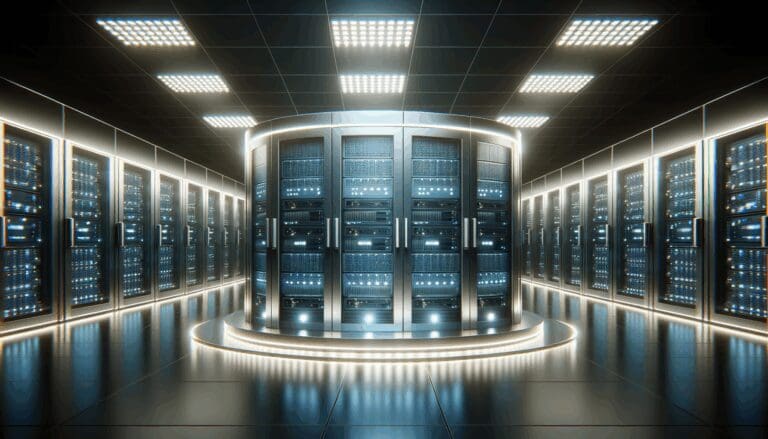 Centro de datos moderno iluminado, repleto de servidores y tecnología avanzada.