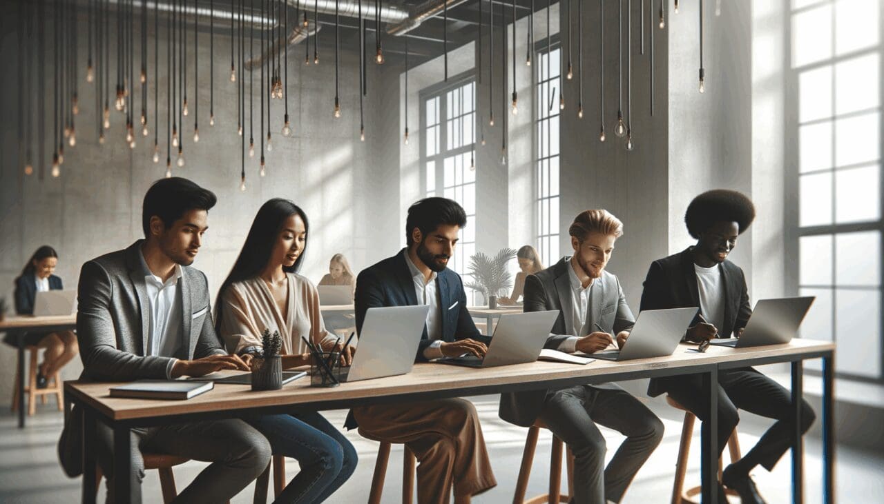 Empresarios jóvenes en una moderna sala de trabajo colaborativo con laptops, ambiente dinámico y profesional.
