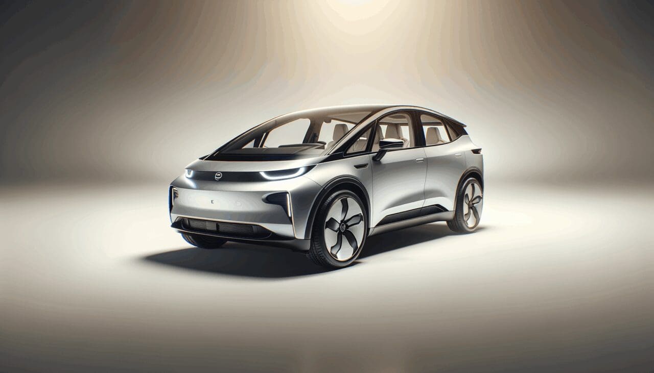 Fotografía de un vehículo eléctrico moderno en un estudio con luz neutra, enfoque en detalles tecnológicos.