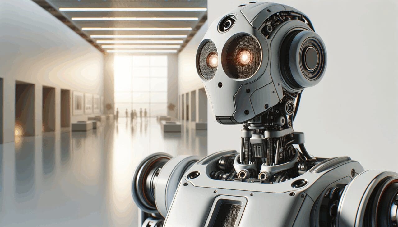 Primer plano de un robot de alta tecnología en un ambiente minimalista, luz natural, fondo neutro.