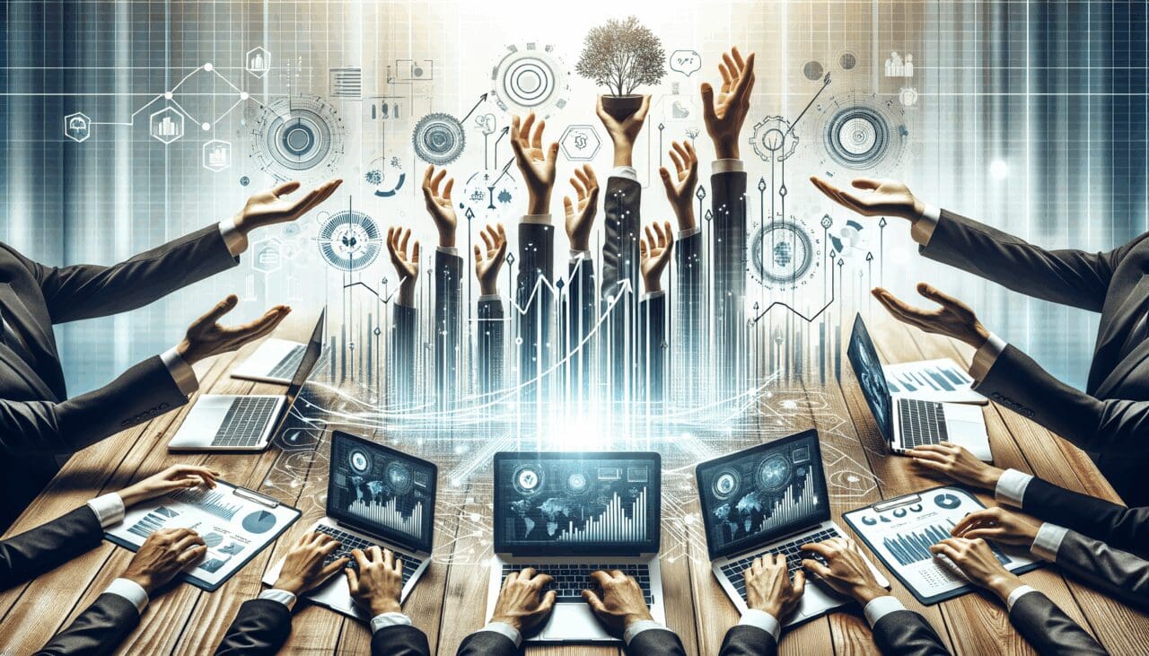Manos colaborando sobre una mesa con laptops y diagramas de crecimiento, fondo moderno y tecnológico.