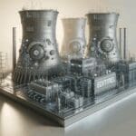 Ilustración conceptual de una central de energía nuclear moderna con elementos tecnológicos y tonos futuristas.