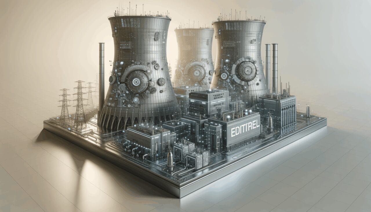Ilustración conceptual de una central de energía nuclear moderna con elementos tecnológicos y tonos futuristas.