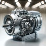 Primer plano de un motor eléctrico moderno con componentes de alta tecnología y fondo desenfocado.