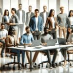 Equipo multicultural de jóvenes profesionales trabajando en una oficina moderna y tecnológica.