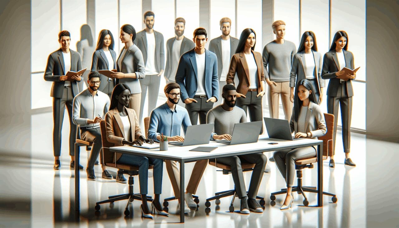 Equipo multicultural de jóvenes profesionales trabajando en una oficina moderna y tecnológica.