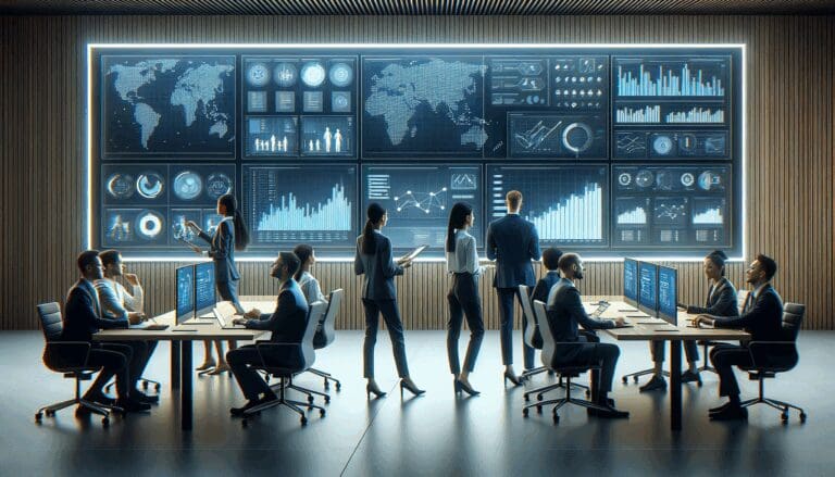 Equipo multinacional colaborando frente a pantallas con datos y gráficos en un entorno de oficina moderna.