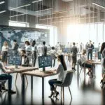 Grupo de emprendedores trabajando en un espacio moderno con pantallas tecnológicas y ambiente colaborativo.