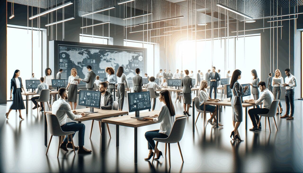 Grupo de emprendedores trabajando en un espacio moderno con pantallas tecnológicas y ambiente colaborativo.