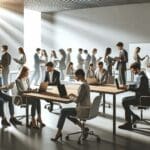 Oficina moderna con jóvenes emprendedores usando laptops y pizarras tecnológicas.