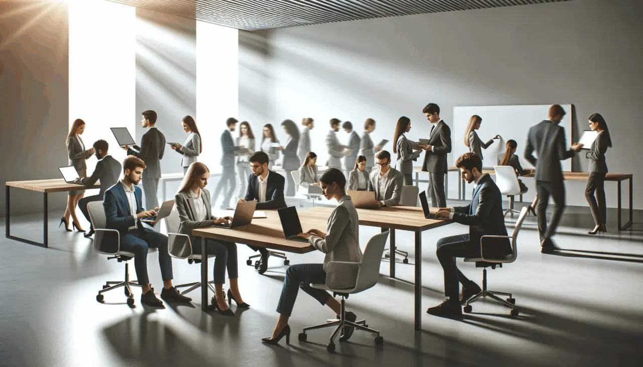Oficina moderna con jóvenes emprendedores usando laptops y pizarras tecnológicas.