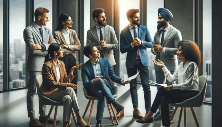 Emprendedores discutiendo estrategias en un moderno centro de negocios.