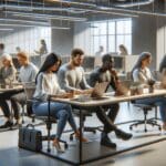 Varias personas colaborando en un espacio de coworking moderno.