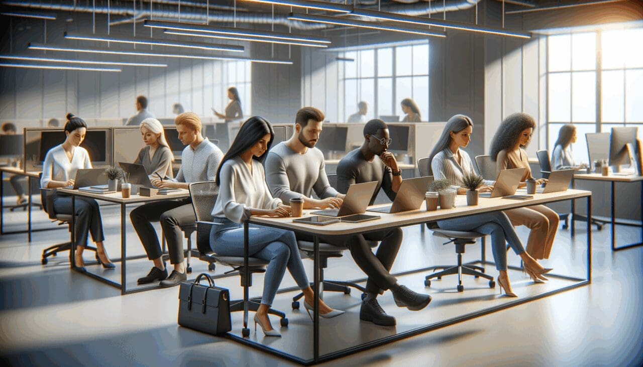 Varias personas colaborando en un espacio de coworking moderno.