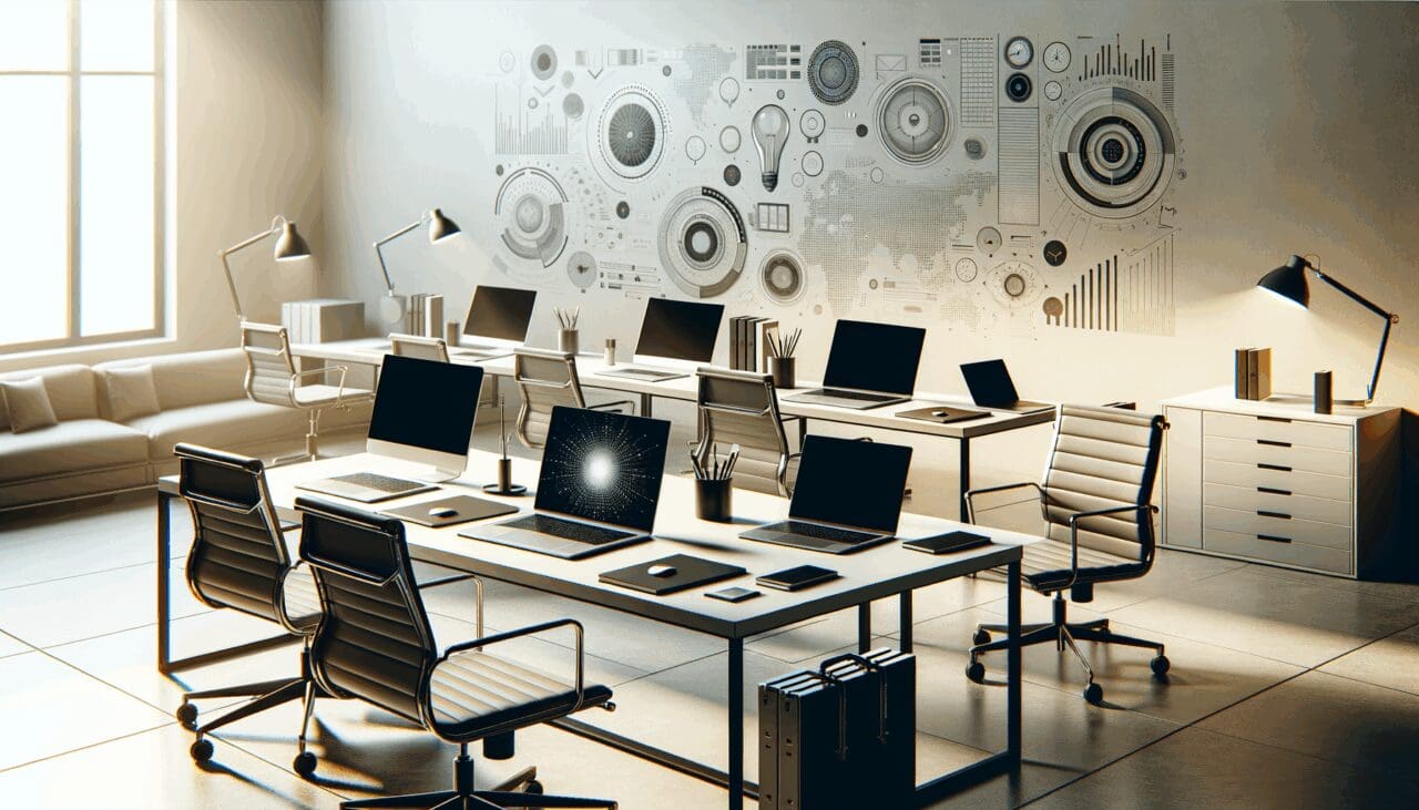 Oficina moderna con laptops y dispositivos tecnológicos.