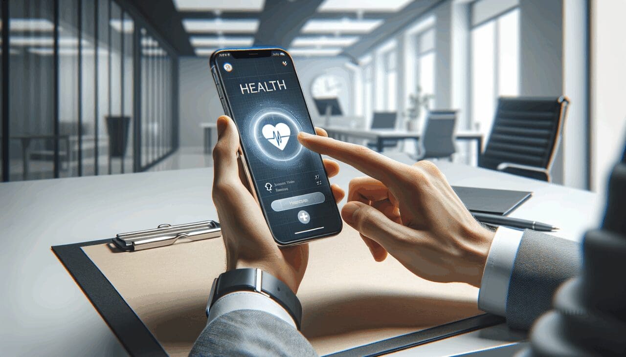 Primer plano de una persona usando una aplicación de salud en un smartphone moderno, ambiente de oficina tecnológica.